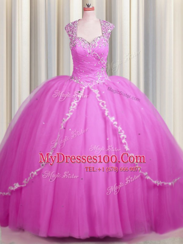 New Style See Through Hot Pink Sweetheart Zipper Beading and Appliques Quinceanera Gowns Brush Train Cap Sleeves