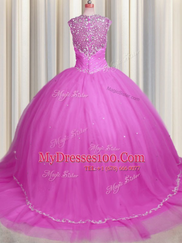 New Style See Through Hot Pink Sweetheart Zipper Beading and Appliques Quinceanera Gowns Brush Train Cap Sleeves