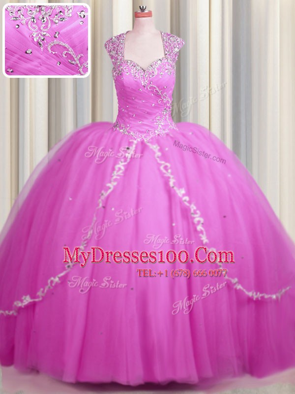 New Style See Through Hot Pink Sweetheart Zipper Beading and Appliques Quinceanera Gowns Brush Train Cap Sleeves