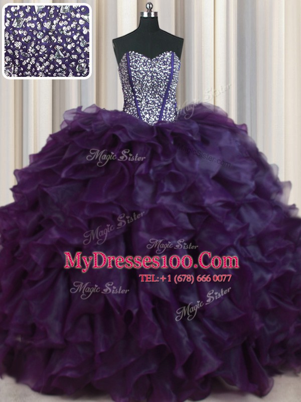 Visible Boning Bling-bling Dark Purple Vestidos de Quinceanera Military Ball and Sweet 16 and Quinceanera and For with Beading and Ruffles Sweetheart Sleeveless Brush Train Lace Up