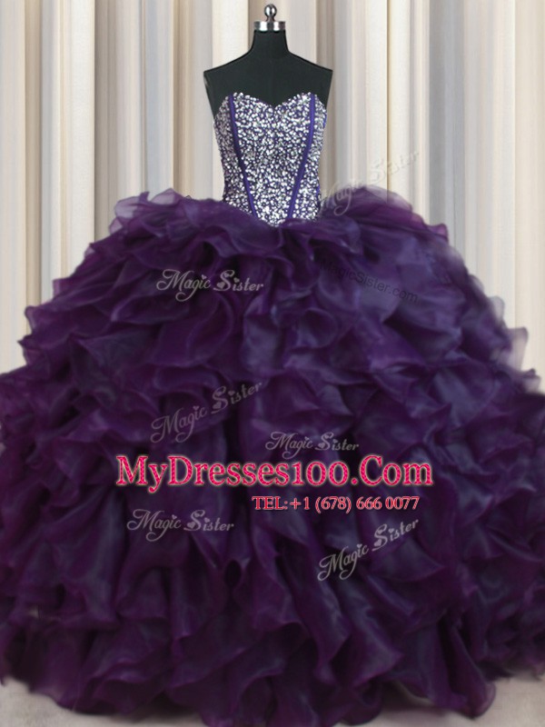 Visible Boning Bling-bling Dark Purple Vestidos de Quinceanera Military Ball and Sweet 16 and Quinceanera and For with Beading and Ruffles Sweetheart Sleeveless Brush Train Lace Up