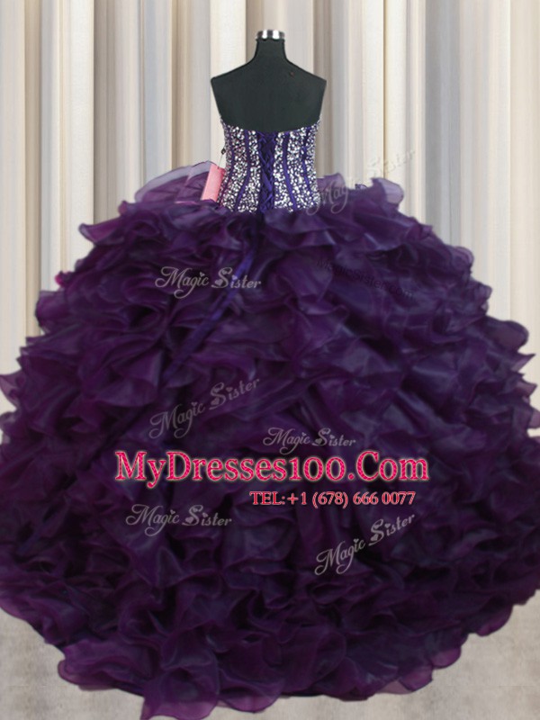 Visible Boning Bling-bling Dark Purple Vestidos de Quinceanera Military Ball and Sweet 16 and Quinceanera and For with Beading and Ruffles Sweetheart Sleeveless Brush Train Lace Up