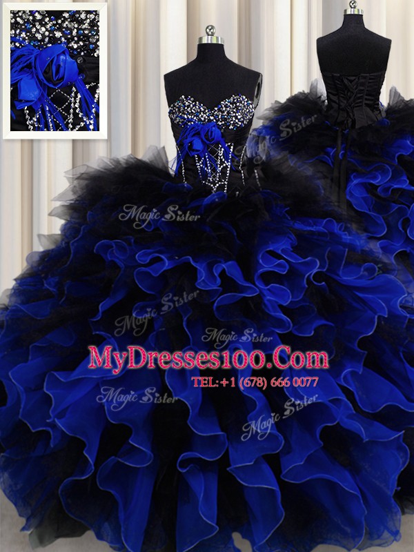 Floor Length Ball Gowns Sleeveless Blue And Black 15th Birthday Dress Lace Up