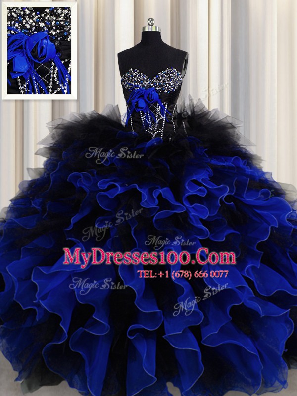 Floor Length Ball Gowns Sleeveless Blue And Black 15th Birthday Dress Lace Up