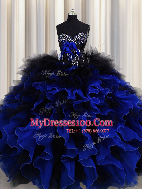 Floor Length Ball Gowns Sleeveless Blue And Black 15th Birthday Dress Lace Up