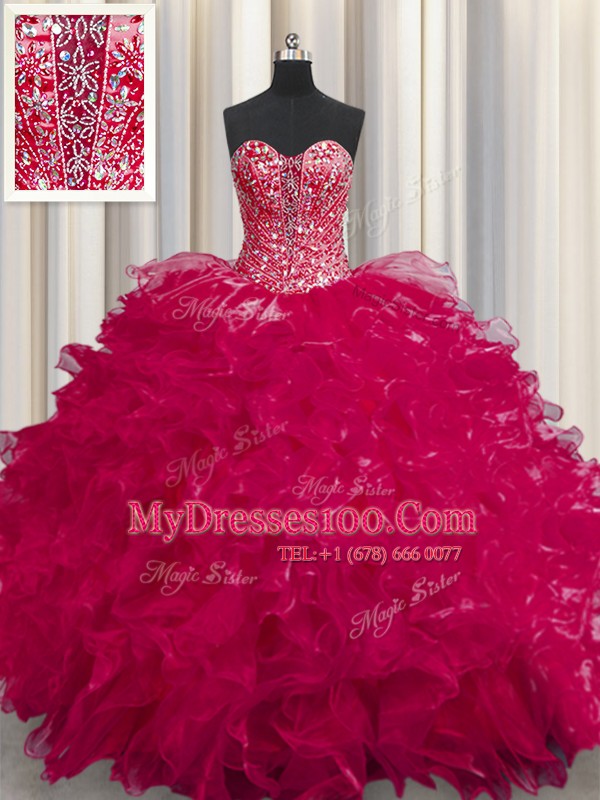 See Through Coral Red Quinceanera Gowns Military Ball and Sweet 16 and Quinceanera and For with Beading and Ruffles Sweetheart Sleeveless Lace Up