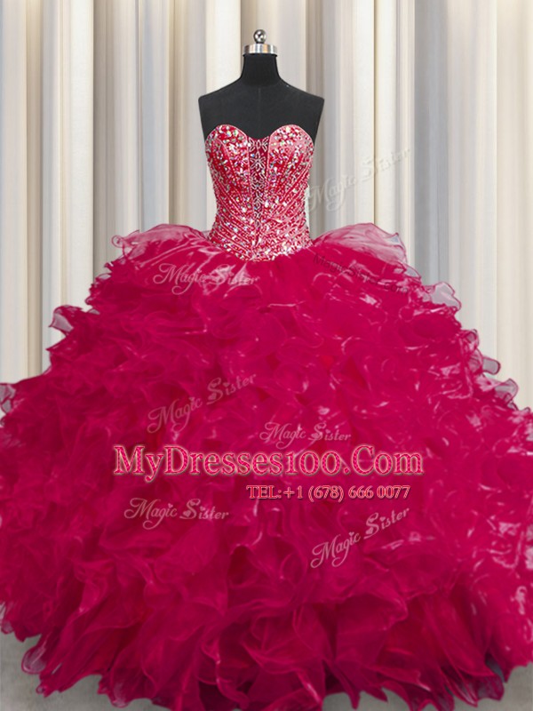 See Through Coral Red Quinceanera Gowns Military Ball and Sweet 16 and Quinceanera and For with Beading and Ruffles Sweetheart Sleeveless Lace Up