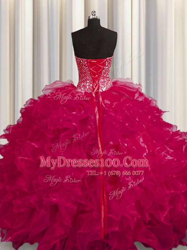 See Through Coral Red Quinceanera Gowns Military Ball and Sweet 16 and Quinceanera and For with Beading and Ruffles Sweetheart Sleeveless Lace Up