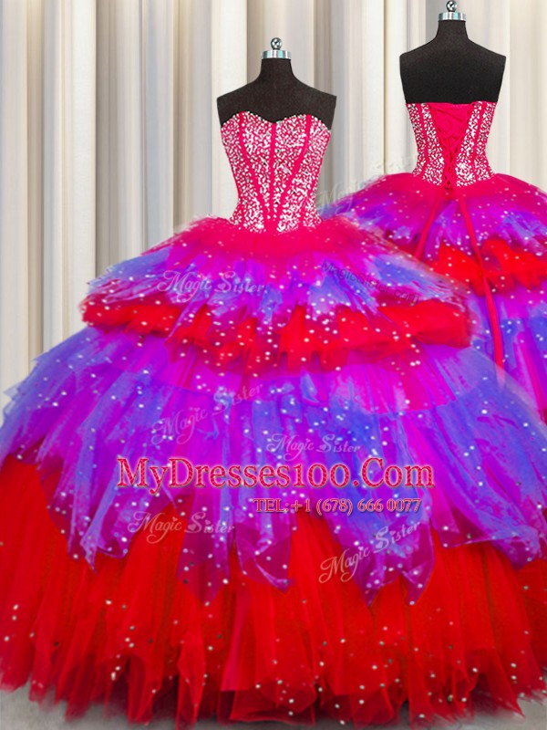 Bling-bling Visible Boning Multi-color Ball Gowns Beading and Ruffles and Ruffled Layers and Sequins Sweet 16 Dress Lace Up Tulle Sleeveless Floor Length