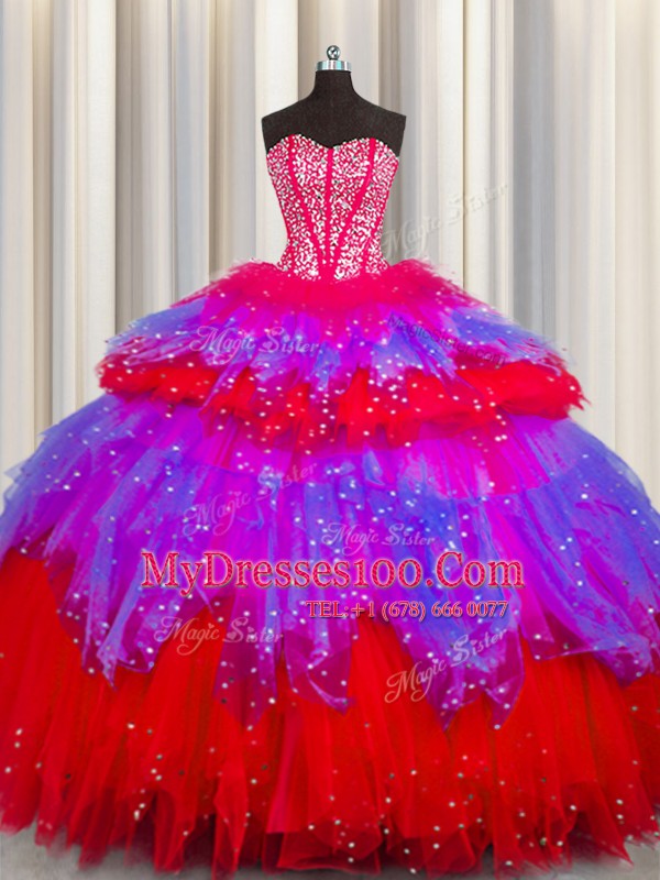 Bling-bling Visible Boning Multi-color Ball Gowns Beading and Ruffles and Ruffled Layers and Sequins Sweet 16 Dress Lace Up Tulle Sleeveless Floor Length