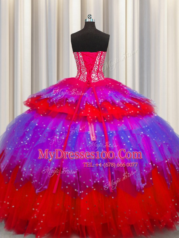 Bling-bling Visible Boning Multi-color Ball Gowns Beading and Ruffles and Ruffled Layers and Sequins Sweet 16 Dress Lace Up Tulle Sleeveless Floor Length