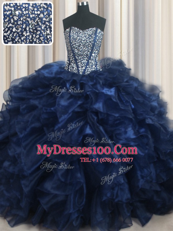 Visible Boning Bling-bling Navy Blue Sleeveless Organza Brush Train Lace Up Vestidos de Quinceanera for Military Ball and Sweet 16