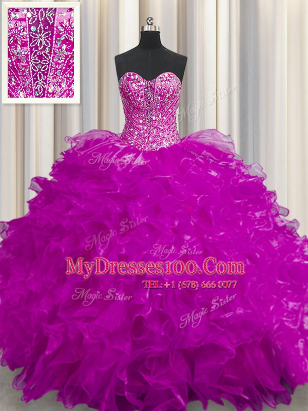 Fashion See Through Fuchsia Organza Lace Up Sweetheart Sleeveless Floor Length 15 Quinceanera Dress Beading and Ruffles