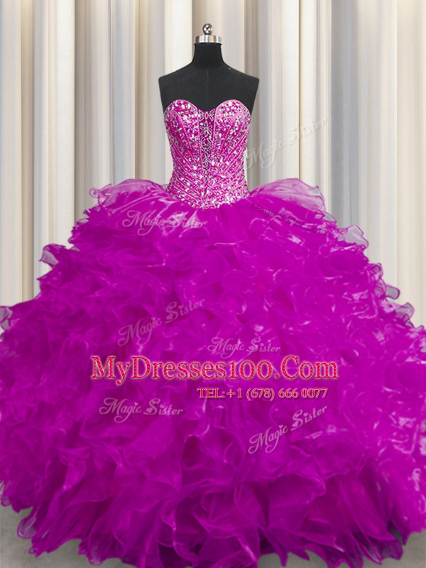 Fashion See Through Fuchsia Organza Lace Up Sweetheart Sleeveless Floor Length 15 Quinceanera Dress Beading and Ruffles