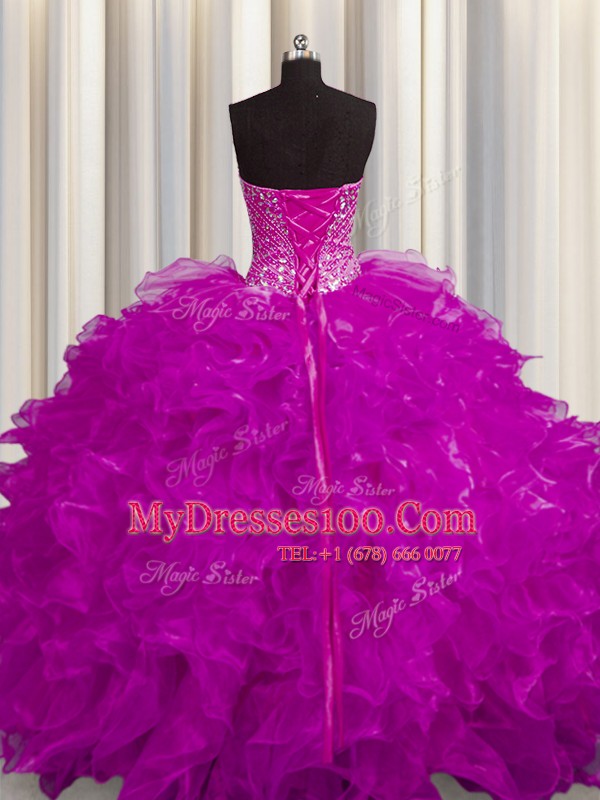 Fashion See Through Fuchsia Organza Lace Up Sweetheart Sleeveless Floor Length 15 Quinceanera Dress Beading and Ruffles