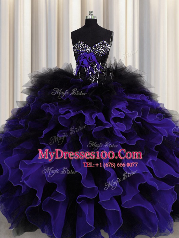 Black And Purple Sleeveless Floor Length Beading and Ruffles Lace Up Sweet 16 Dress