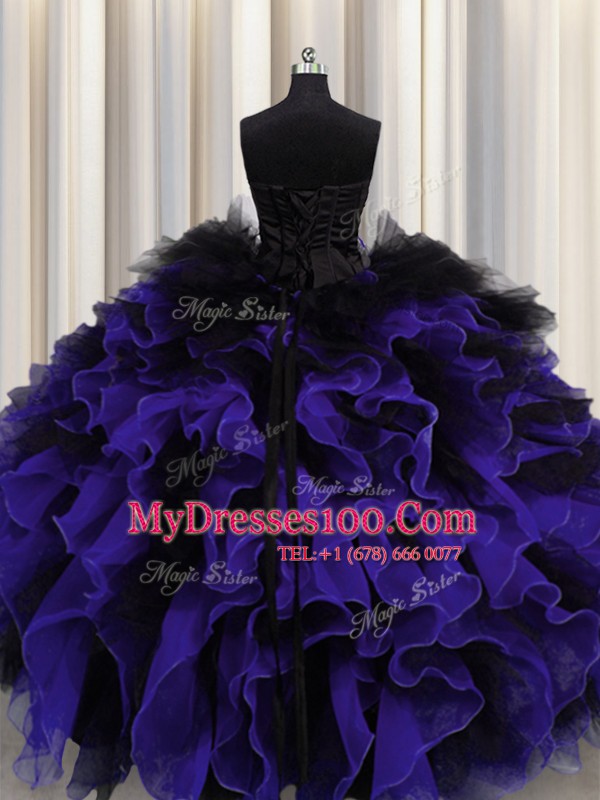 Black And Purple Sleeveless Floor Length Beading and Ruffles Lace Up Sweet 16 Dress