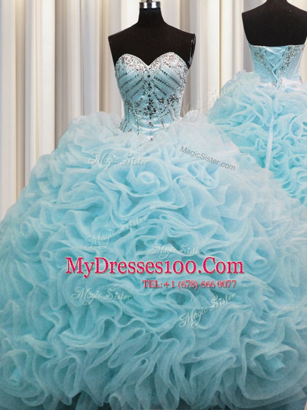 Rolling Flowers Aqua Blue Organza Lace Up 15th Birthday Dress Sleeveless Brush Train Beading and Pick Ups