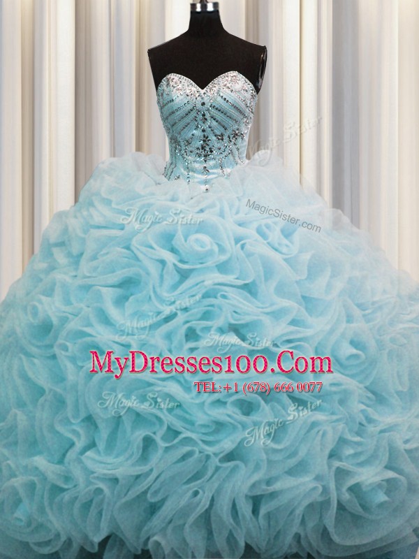 Rolling Flowers Aqua Blue Organza Lace Up 15th Birthday Dress Sleeveless Brush Train Beading and Pick Ups