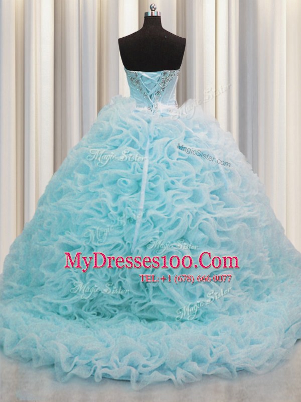 Rolling Flowers Aqua Blue Organza Lace Up 15th Birthday Dress Sleeveless Brush Train Beading and Pick Ups