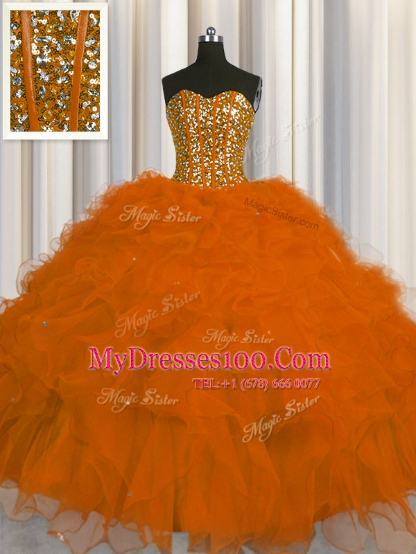Fabulous Visible Boning Rust Red Ball Gowns Sweetheart Sleeveless Tulle Floor Length Lace Up Beading and Ruffles and Sequins Quinceanera Gowns