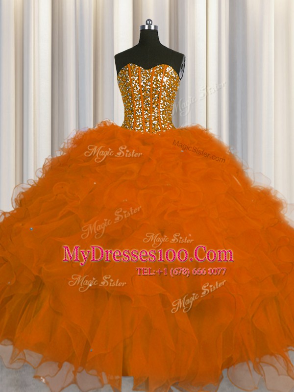 Fabulous Visible Boning Rust Red Ball Gowns Sweetheart Sleeveless Tulle Floor Length Lace Up Beading and Ruffles and Sequins Quinceanera Gowns