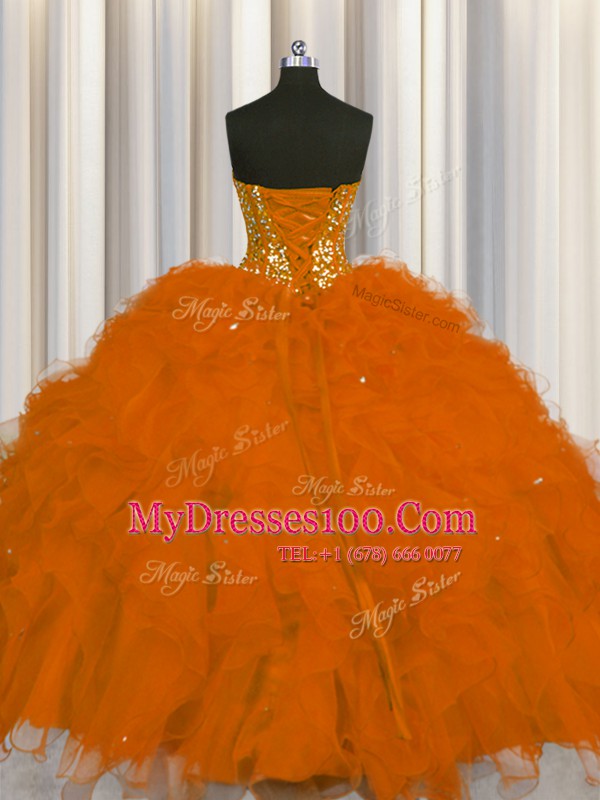 Fabulous Visible Boning Rust Red Ball Gowns Sweetheart Sleeveless Tulle Floor Length Lace Up Beading and Ruffles and Sequins Quinceanera Gowns