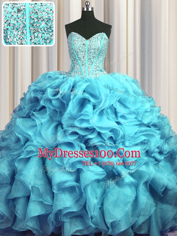 Visible Boning Bling-bling Sweetheart Sleeveless Sweet 16 Quinceanera Dress With Brush Train Beading and Ruffles Aqua Blue Organza