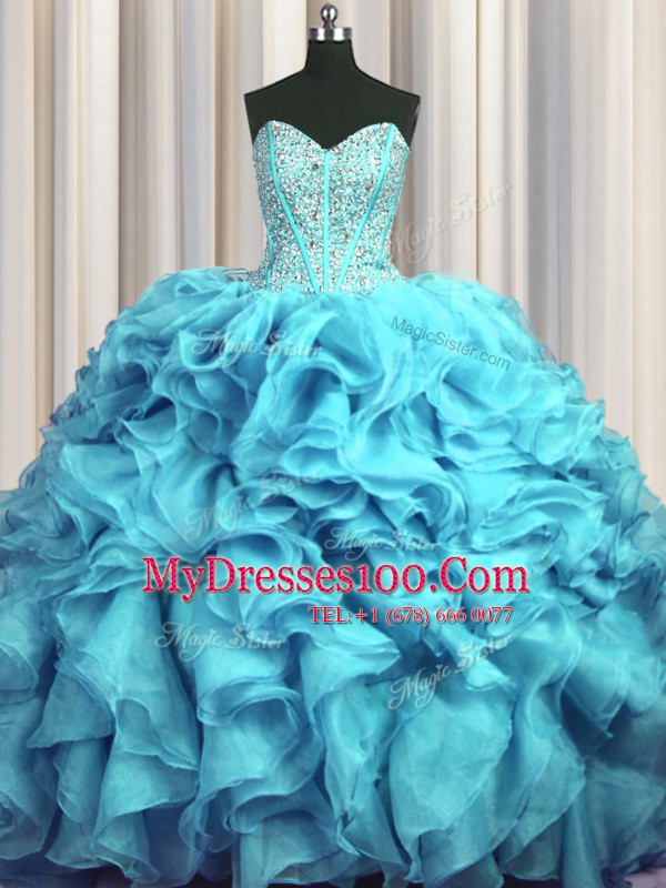 Visible Boning Bling-bling Sweetheart Sleeveless Sweet 16 Quinceanera Dress With Brush Train Beading and Ruffles Aqua Blue Organza