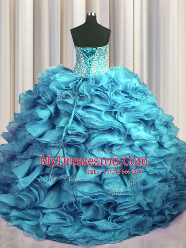 Visible Boning Bling-bling Sweetheart Sleeveless Sweet 16 Quinceanera Dress With Brush Train Beading and Ruffles Aqua Blue Organza