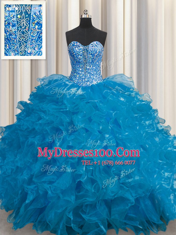 Customized See Through Teal Sweet 16 Dress Military Ball and Sweet 16 and Quinceanera and For with Beading and Ruffles Sweetheart Sleeveless Lace Up