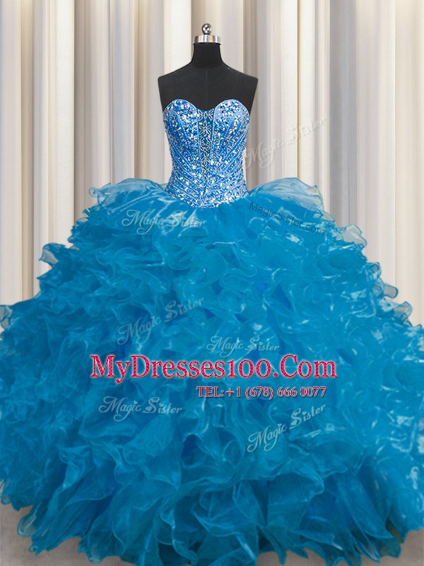 Customized See Through Teal Sweet 16 Dress Military Ball and Sweet 16 and Quinceanera and For with Beading and Ruffles Sweetheart Sleeveless Lace Up