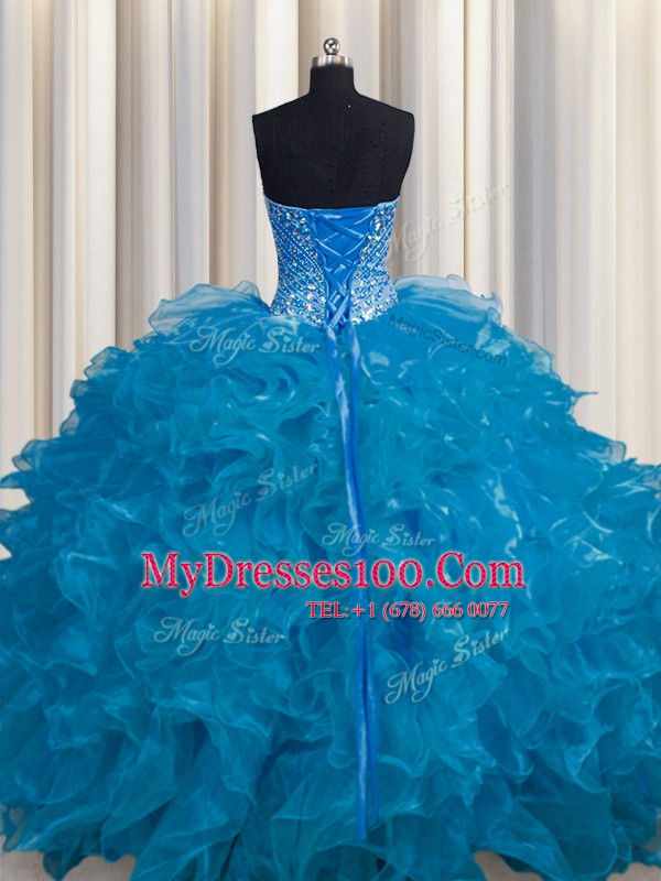 Customized See Through Teal Sweet 16 Dress Military Ball and Sweet 16 and Quinceanera and For with Beading and Ruffles Sweetheart Sleeveless Lace Up