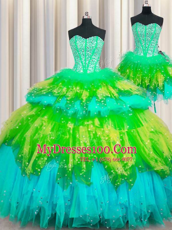 Three Piece Visible Boning Sleeveless Tulle Floor Length Lace Up 15 Quinceanera Dress in Multi-color with Beading and Ruffles and Ruffled Layers and Sequins