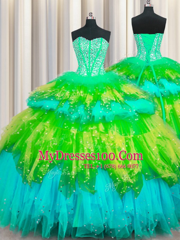 Three Piece Visible Boning Sleeveless Tulle Floor Length Lace Up 15 Quinceanera Dress in Multi-color with Beading and Ruffles and Ruffled Layers and Sequins