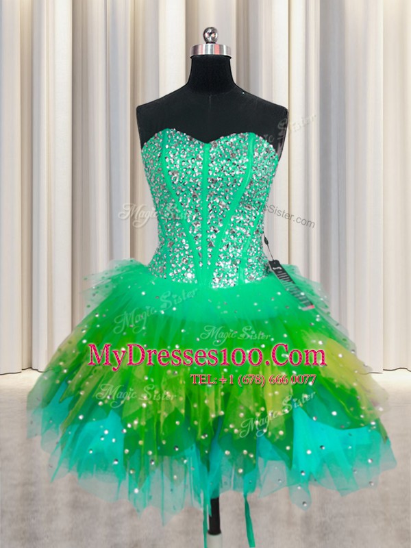 Three Piece Visible Boning Sleeveless Tulle Floor Length Lace Up 15 Quinceanera Dress in Multi-color with Beading and Ruffles and Ruffled Layers and Sequins