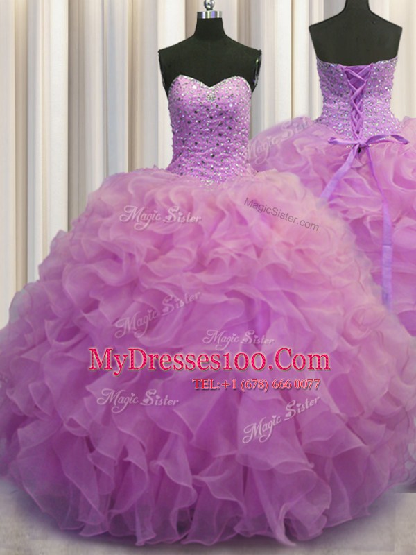 Decent Lilac Sleeveless Organza Lace Up Quince Ball Gowns for Military Ball and Sweet 16 and Quinceanera