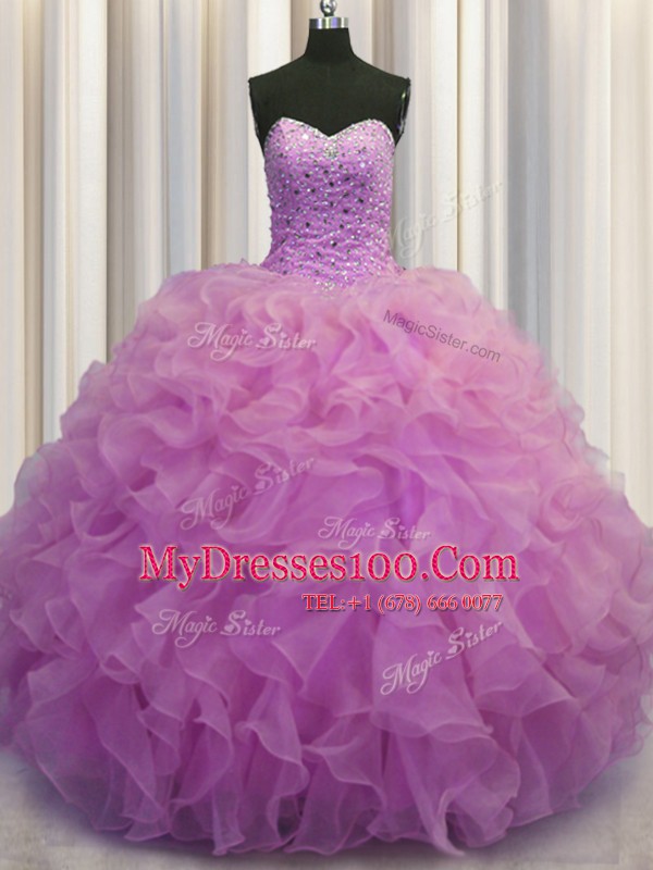 Decent Lilac Sleeveless Organza Lace Up Quince Ball Gowns for Military Ball and Sweet 16 and Quinceanera