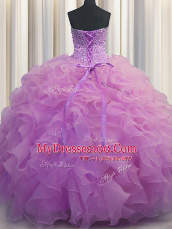 Decent Lilac Sleeveless Organza Lace Up Quince Ball Gowns for Military Ball and Sweet 16 and Quinceanera