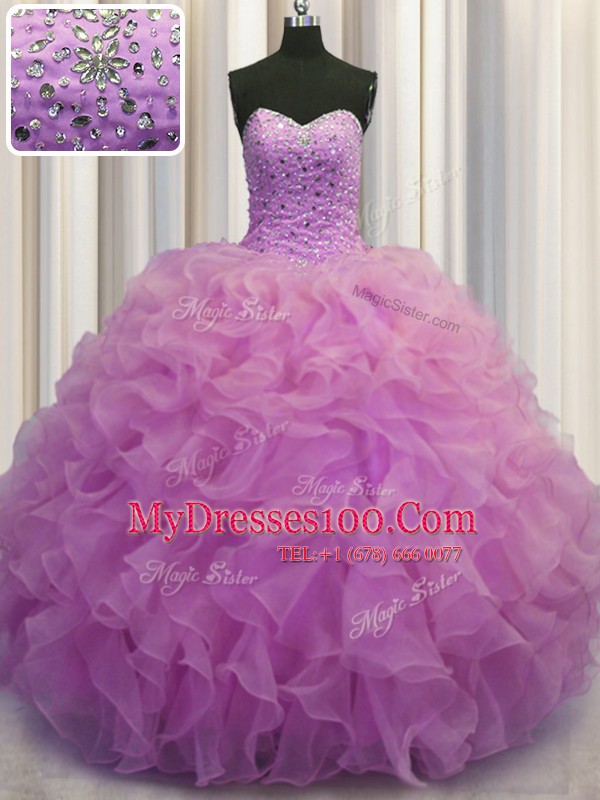 Decent Lilac Sleeveless Organza Lace Up Quince Ball Gowns for Military Ball and Sweet 16 and Quinceanera
