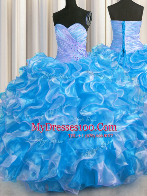 Sleeveless Organza Floor Length Lace Up Quinceanera Dress in Blue And White with Beading and Ruffles