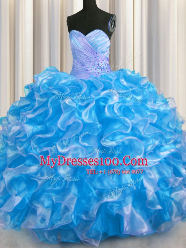 Sleeveless Organza Floor Length Lace Up Quinceanera Dress in Blue And White with Beading and Ruffles