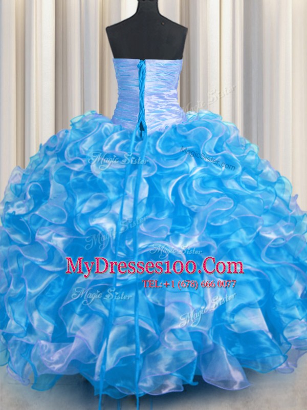 Sleeveless Organza Floor Length Lace Up Quinceanera Dress in Blue And White with Beading and Ruffles