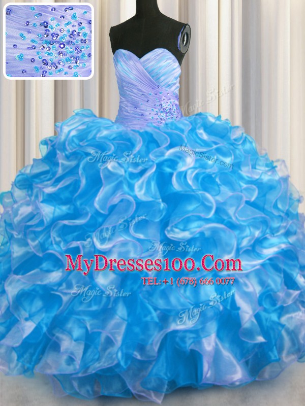 Sleeveless Organza Floor Length Lace Up Quinceanera Dress in Blue And White with Beading and Ruffles