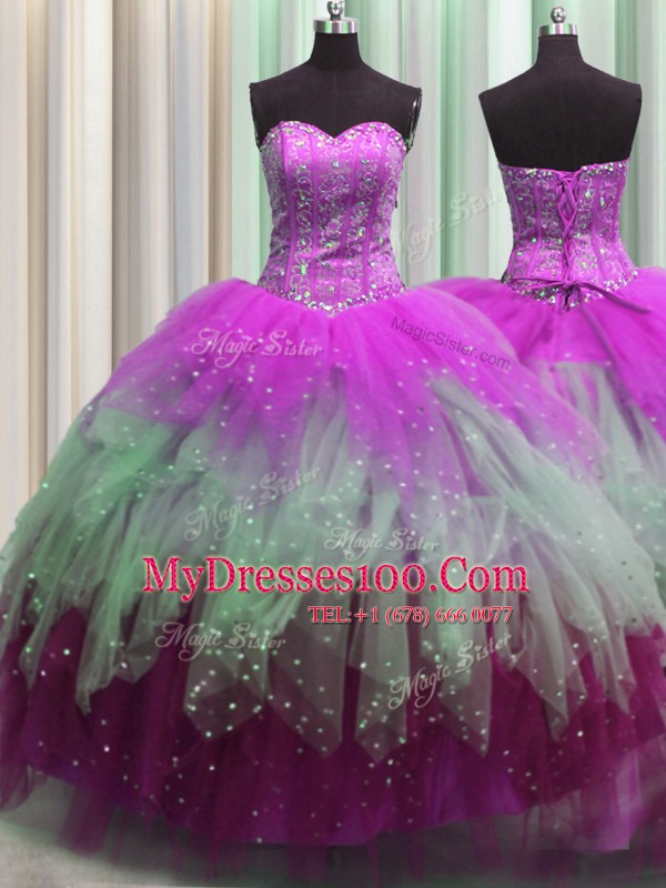 Fashion Visible Boning Multi-color Quinceanera Gown Military Ball and Sweet 16 and Quinceanera and For with Beading and Ruffles and Sequins Sweetheart Sleeveless Lace Up