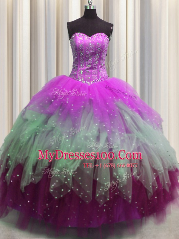 Fashion Visible Boning Multi-color Quinceanera Gown Military Ball and Sweet 16 and Quinceanera and For with Beading and Ruffles and Sequins Sweetheart Sleeveless Lace Up