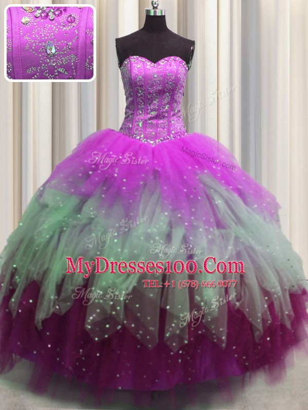 Fashion Visible Boning Multi-color Quinceanera Gown Military Ball and Sweet 16 and Quinceanera and For with Beading and Ruffles and Sequins Sweetheart Sleeveless Lace Up