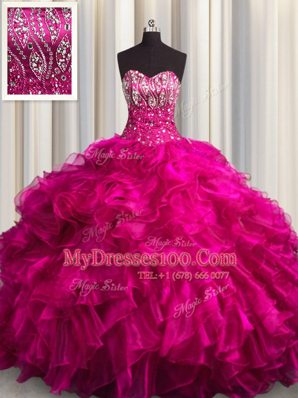 Charming Organza Sleeveless Sweet 16 Dresses Brush Train and Beading and Ruffles