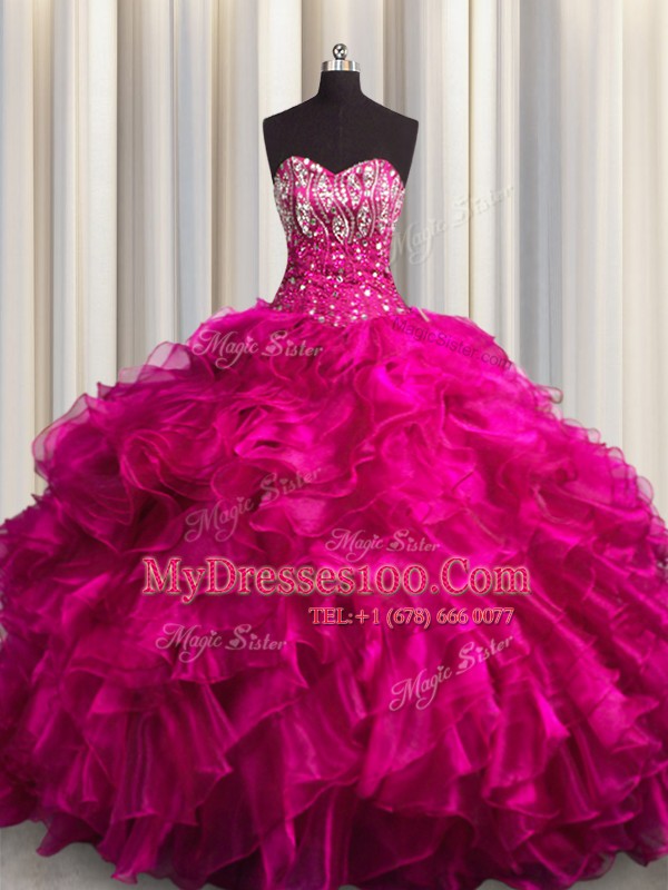 Charming Organza Sleeveless Sweet 16 Dresses Brush Train and Beading and Ruffles