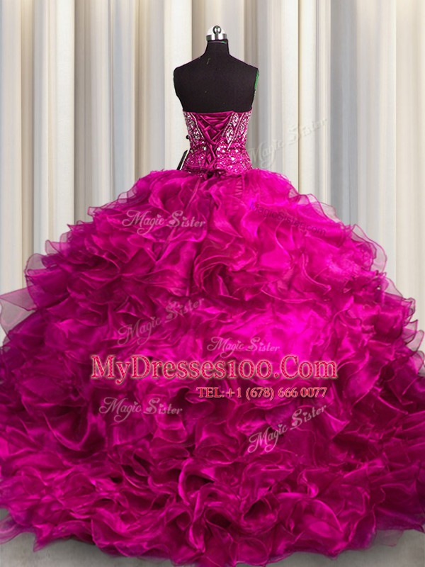 Charming Organza Sleeveless Sweet 16 Dresses Brush Train and Beading and Ruffles